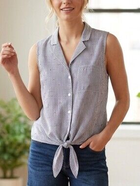 Beautiful Monteau Sleeveless Tie-Front Striped Shirt Blue/White Sz L